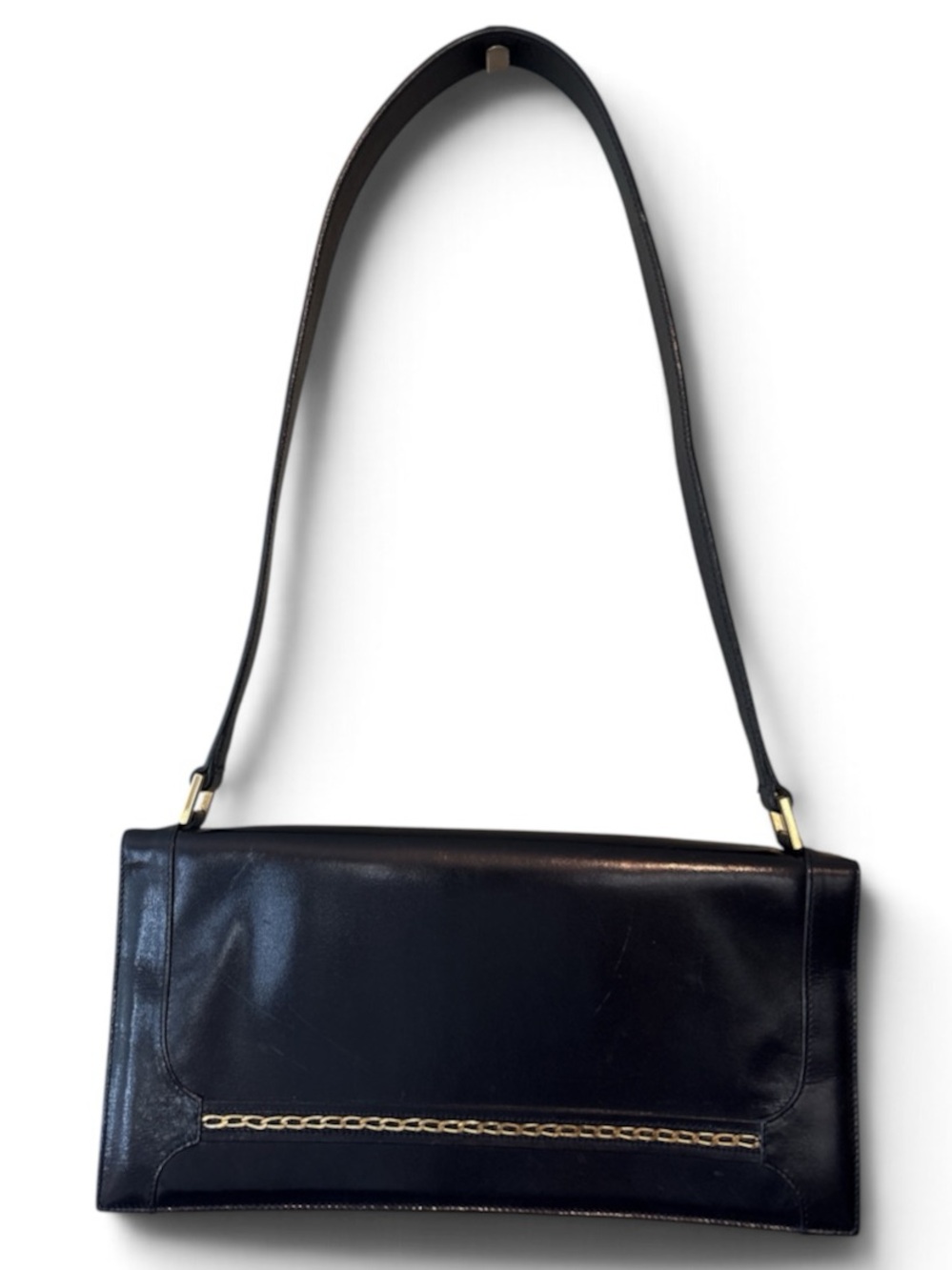 St John Classic Black Leather Shoulder Bag with Gold Chain Detail Side Pocket